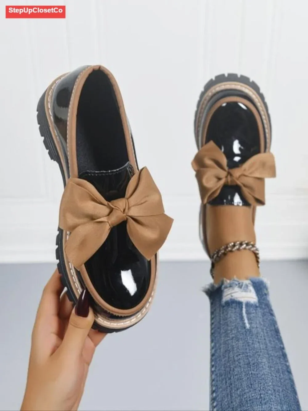 Women's Bowknot Thick Sole Loafers, Chunky Heel Lug Sole, Slip-On Patent